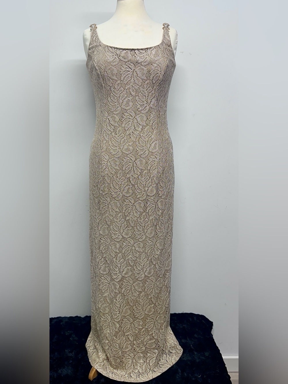 Vintage Bari Jay Gold Metallic Lace Maxi Gown Size 10 90s Formal Dress